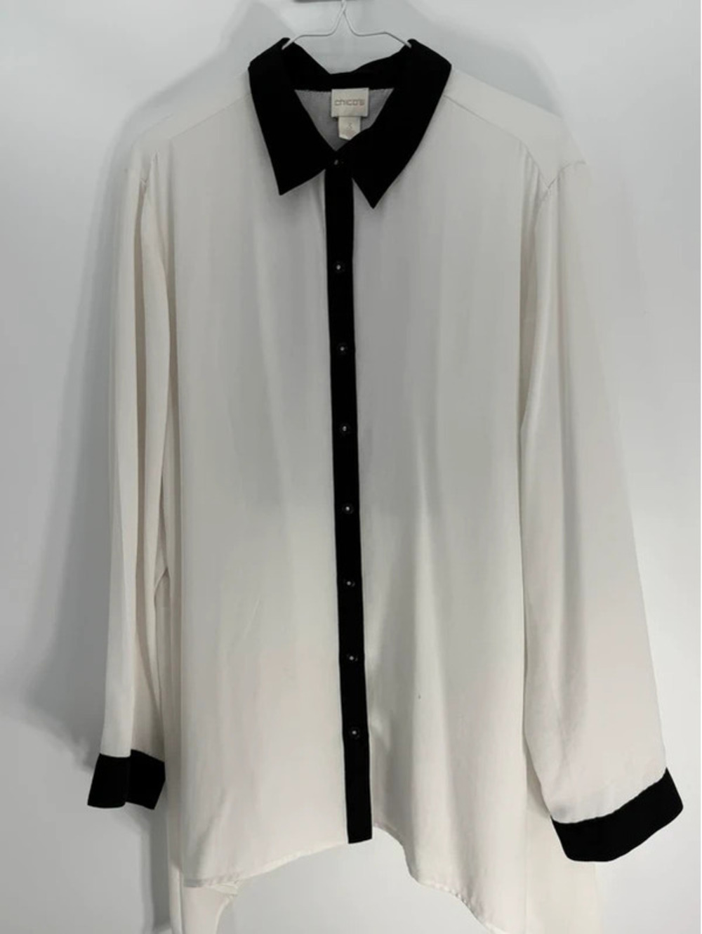 Chico's Women's Black and White Button-Up Blouse with Lace Back Detail Size 3